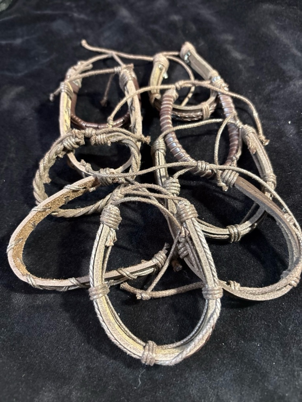 Braided & Cross-Stitched Leather Wrap Cuff Bracelets (6-Set) Dark Brown EUC Boho